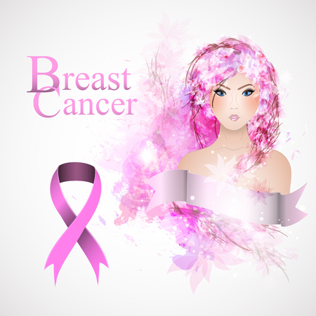 Vector Beautiful Girl with a Pink Ribbon. Breast Cancer Awareness Month.のイラスト素材