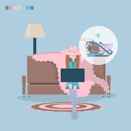 Vector girl shopping through internet.のイラスト素材