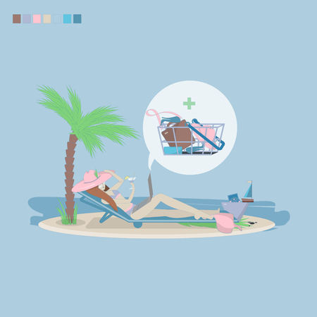 Vector girl shopping while on beach through internet.のイラスト素材