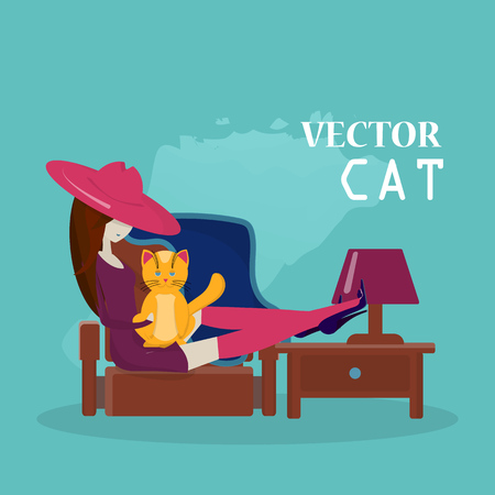 Vector girl and cat flat style.のイラスト素材