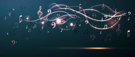 Vector illustration concept music background. Key notes of gamma. Waves of sound.のイラスト素材