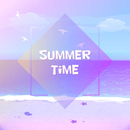 Vector illustration Summer Beach. Sand and Ocean. Blue Sky with Clouds. Summer Design for Beach...
