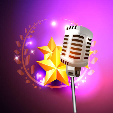 Vector concept illustration of singing, music, karaoke, voice. Retro microphone and stars. Performance on stage.のイラスト素材