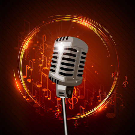 Vector concept illustration of singing, music, karaoke, voice. Retro microphone and stars. Performance on stage.のイラスト素材