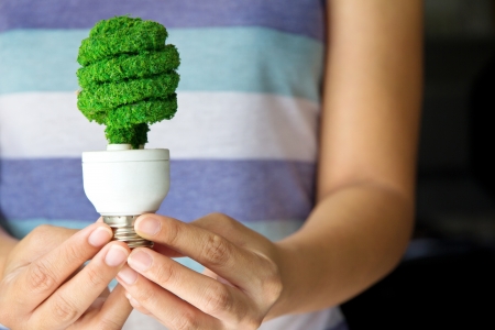 hand holding eco light bulb, save energy conceptの写真素材