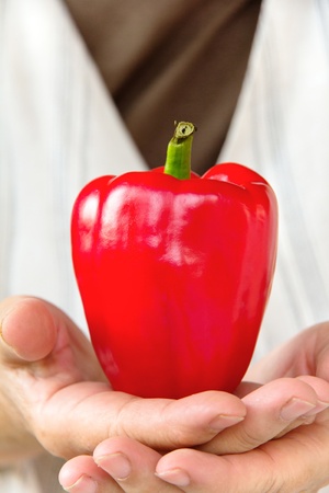 hand holding sweet pepperの写真素材