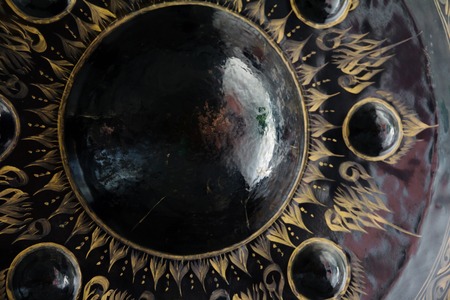 close up image of gong at a Buddhist temple,Thailandの写真素材
