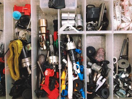 Nuts, bolts and screws in boxの写真素材