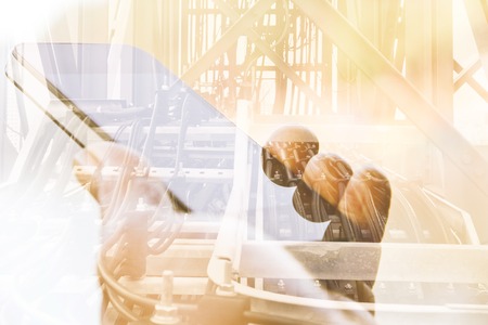 double exposure of hand with mobile phoneの写真素材