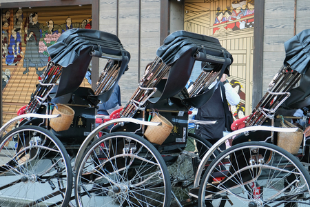 TOKYO, JAPAN - MARCH 29 2016 :rickshaw waiting area near the around Senso-ji Temple in Asakusa on...