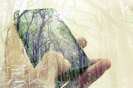concept image of Digital composite using cell phone in forestの写真素材