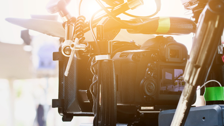 Cinema Camera on Film Set, Behind the scenes background, film crew productionの写真素材