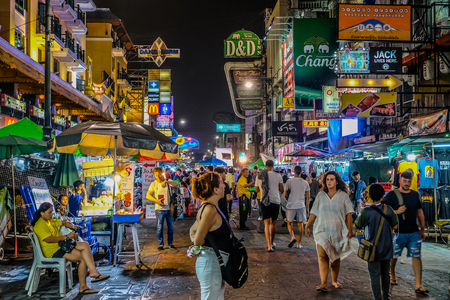 Bangkok, Thailand - SEPTEMBER 30, 2019: Tourists and locals walking along the busy streets of Khao San Road in Bangkok. Khao San Road is a world famous backpacker street.のeditorial素材