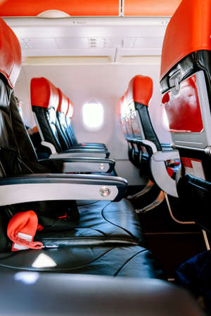Image of Empty airplane seats and window. airplane interior Background
