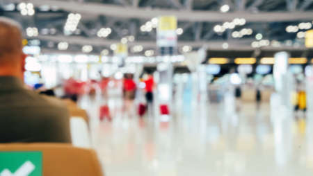 Blurred image of Atmosphere in the airport at Suvarnabhumi Airport during COVID-19 epidemic situation. No passengers because of Coronavirus pandemic and airport Lockdownのeditorial素材