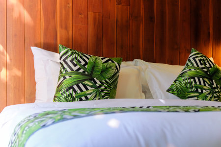 Image of Modern white bed and pillow in the morning mood