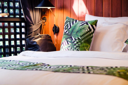 Image of Modern white bed and pillow in the morning mood