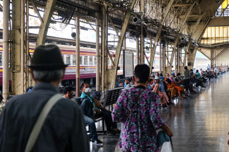 Bangkok, Thailand-March 19, 2021: Bangkok railway station,  people on the platform in Hua Lamphong railway station during COVID-19 epidemic situation.のeditorial素材