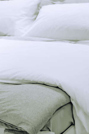 Close up image of Bed mattress Duvet with pillow and blanketの写真素材