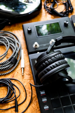 Close up instruments music background concept,Guitar and music studio equipmentの写真素材