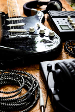 Close up instruments music background concept,Guitar and music studio equipmentの写真素材