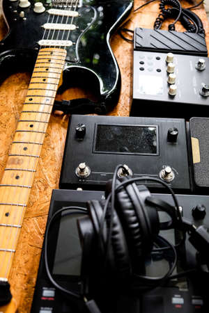 Close up instruments music background concept,Guitar and music studio equipment