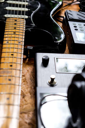 Close up instruments music background concept,Guitar and music studio equipmentの写真素材