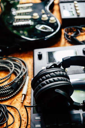 Close up instruments music background concept,Guitar and music studio equipmentの写真素材