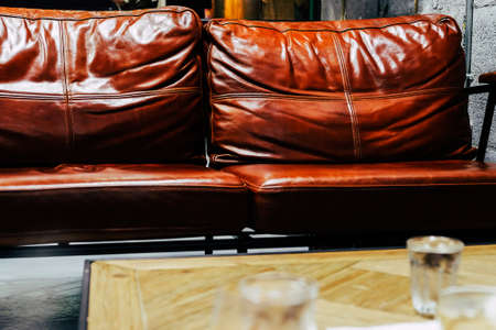Close up detail of leather sofa. interior decorの写真素材