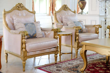 Detail image of Pillows on an antique luxury sofa, interior design and decoration