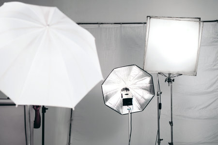 studio lighting, lighting equipment on the set close upの写真素材