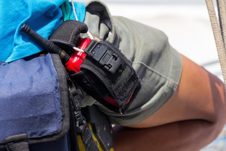 Close-up of male with Walkie talkieの写真素材