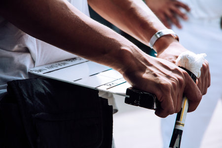 close up image of film production crew holding Film Slate on setの写真素材