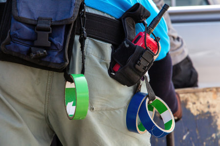 Close-up of male with Walkie talkieの写真素材
