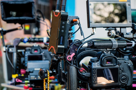 detail of Video camera , film crew production, behind the scenes backgroundの写真素材