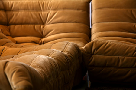 Close up of brown leather sofa in the living room. Selective focusの写真素材