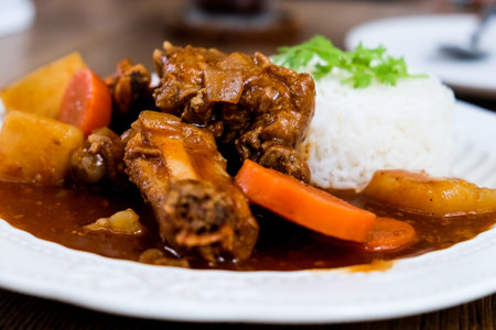 Curry pork with rice in a white plate on a wooden tableの写真素材