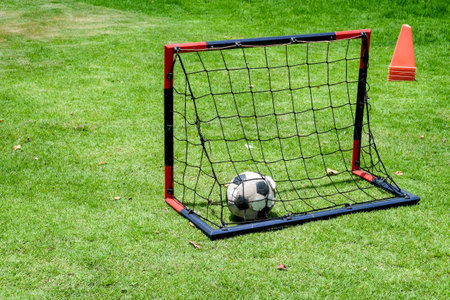 Soccer ball in goal net on green grass field with red cone backgroundの写真素材