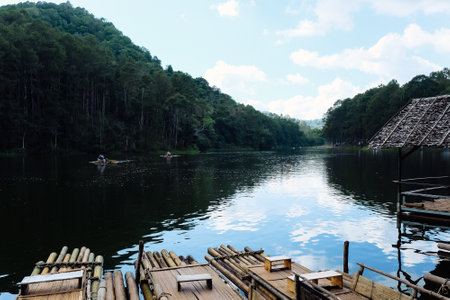 Bamboo rafts on the lake in the Pang Tong Under Royal Forest Park ( Pang Ung ), Mae Hong Son, Thailand. Pang Ung is a popular place to stay in a camping in the winter.の写真素材
