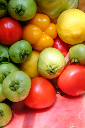 Colorful fresh fruits and vegetables in the market, closeup of photoの写真素材