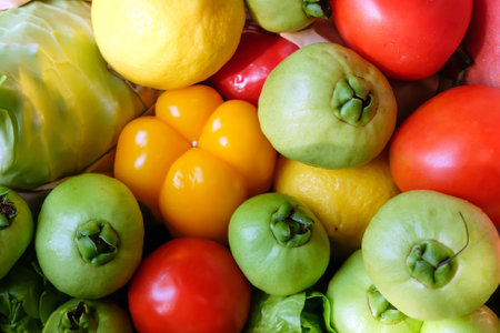Colorful fresh vegetables and fruits as a background. Top view.の写真素材