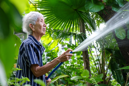 Senior asian woman watering the garden with hose in home garden.の写真素材