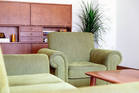 Interior of a living room with green sofa and coffee table.の写真素材