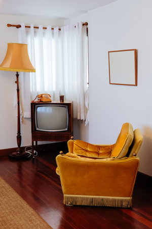Interior of a living room with yellow armchair and retro televisionの写真素材