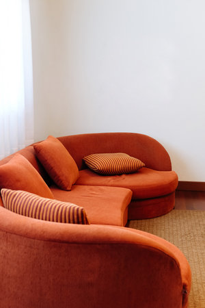 Interior of a modern living room with orange sofa and pillowsの写真素材