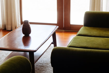Interior of a living room with green sofa and coffee table.の写真素材
