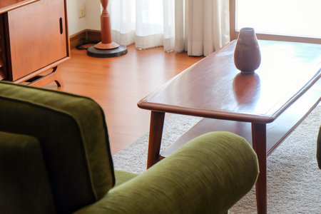 Interior of a living room with green sofa and coffee table.の写真素材