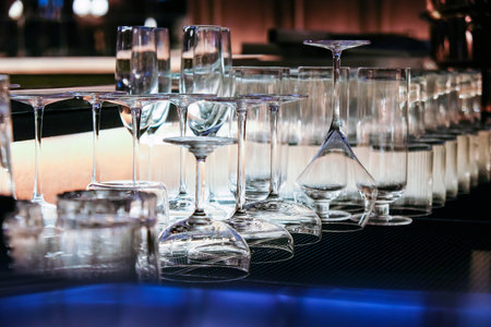 Closeup image of Glassware on bar counter in restaurant.