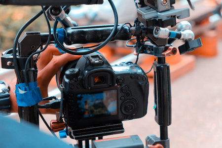 Behind the scenes of a movie. Film crew working in a studio