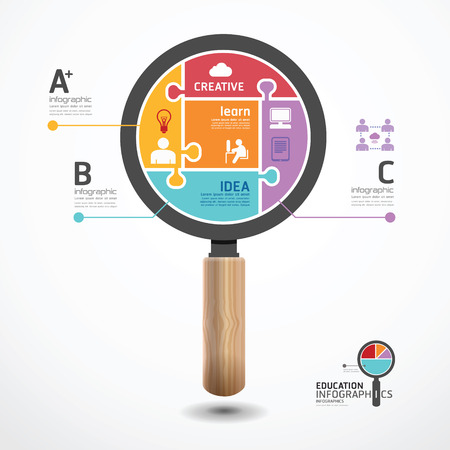 infographic Template with magnifier jigsaw banner . concept vector illustrationのイラスト素材